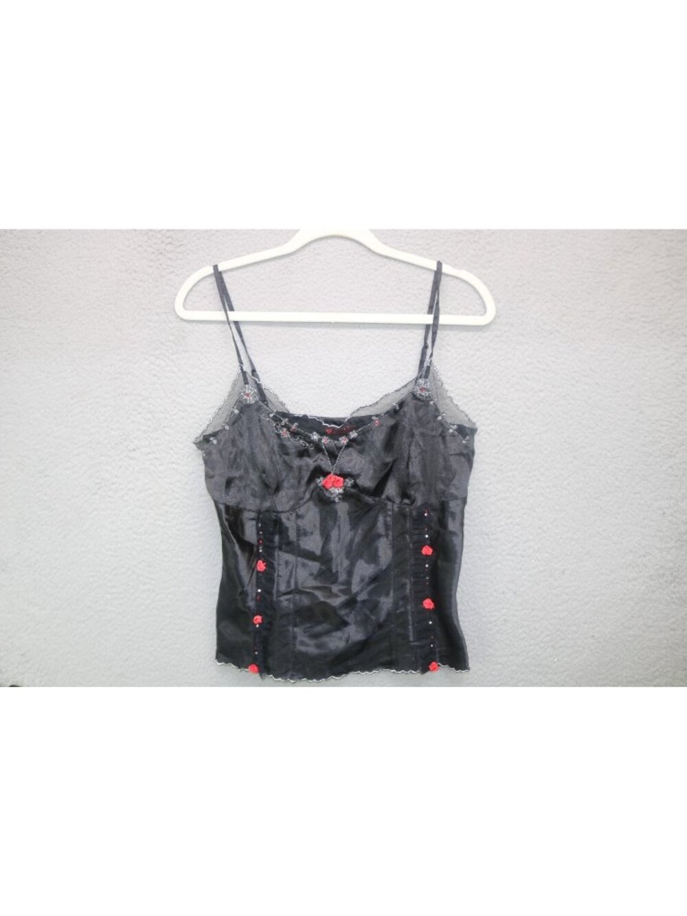 First Kiss Vtg. Black Satin Cropped Babydoll Top-Medium-Mesh-Beaded-Whimsigoth